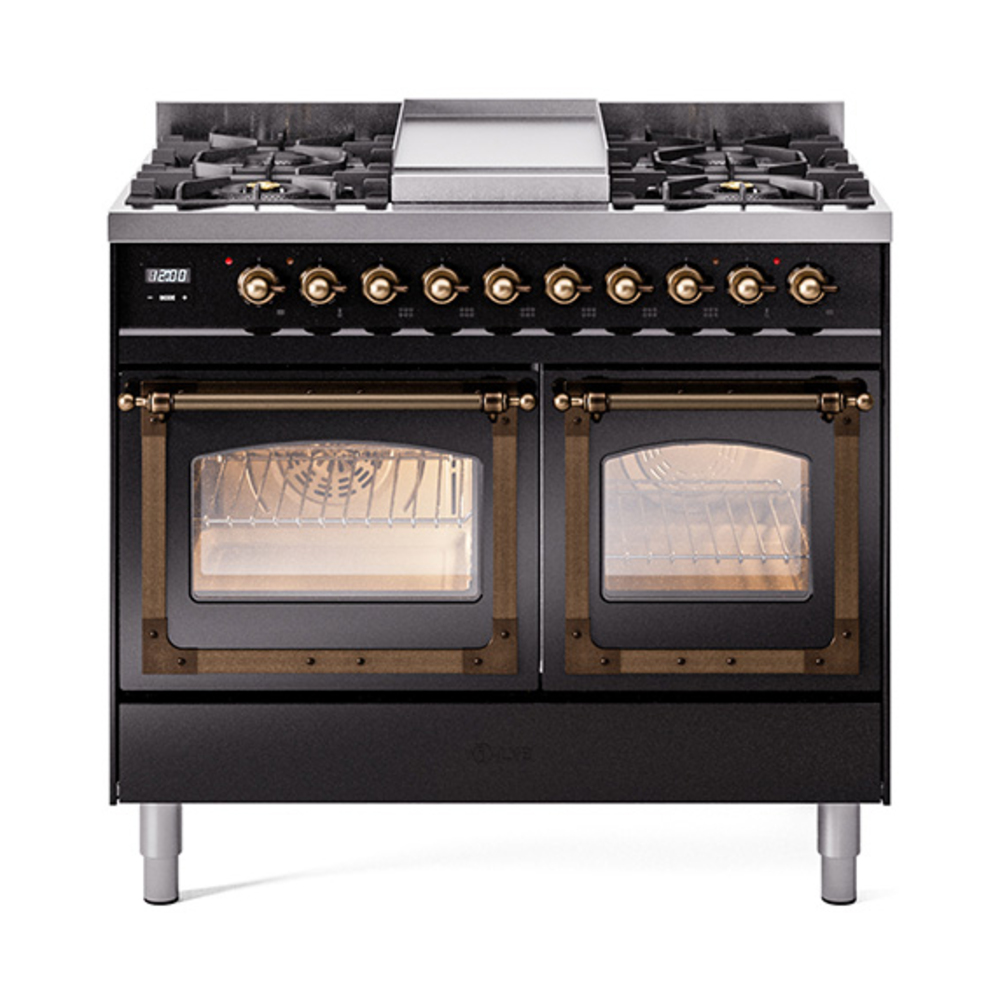 ILVE UND40FNMPBKBLP Nostalgie II Noblesse 40" Dual Fuel Range (Liquid Propane, Triple Glass Door, Glossy Black, Burnished)