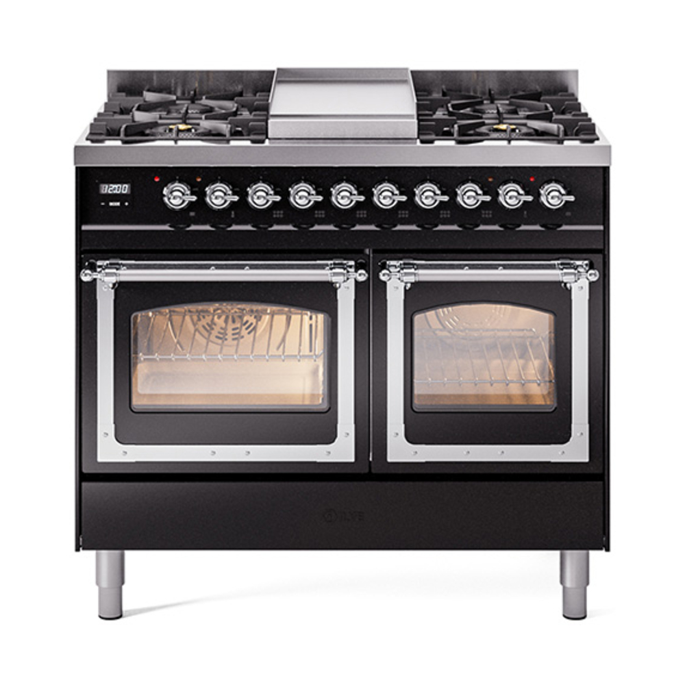 ILVE UND40FNMPBKCLP Nostalgie II Noblesse 40" Dual Fuel Range (Liquid Propane, Triple Glass Door, Glossy Black, Chrome)