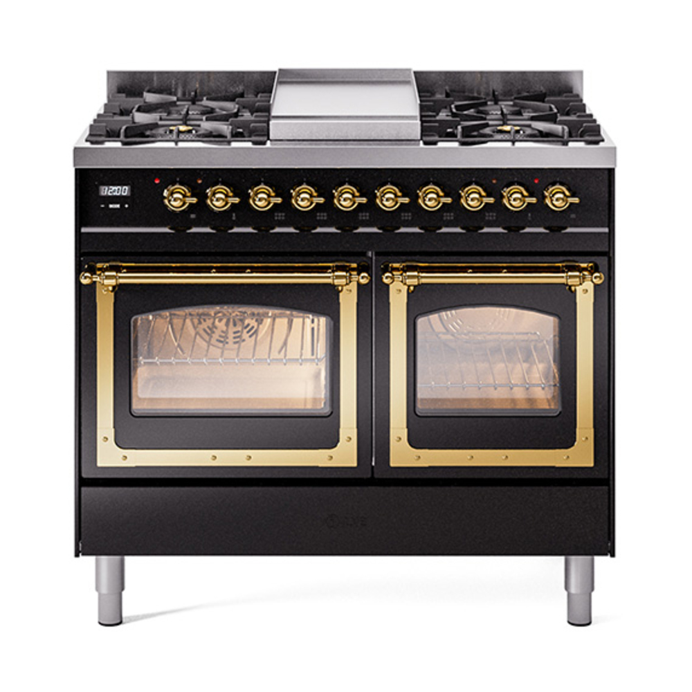 ILVE UND40FNMPBKGLP Nostalgie II Noblesse 40" Dual Fuel Range (Liquid Propane, Triple Glass Door, Glossy Black, Brass)