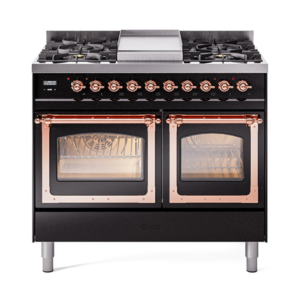 ILVE UND40FNMPBKPLP Nostalgie II Noblesse 40" Dual Fuel Range (Liquid Propane, Triple Glass Door, Glossy Black, Copper)