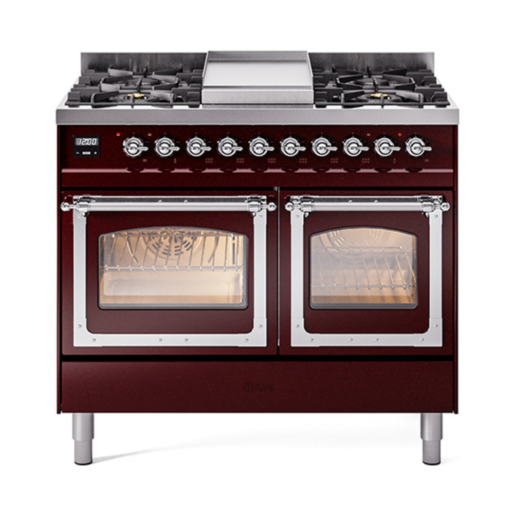 ILVE UND40FNMPBUCLP Nostalgie II Noblesse 40" Dual Fuel Range (Liquid Propane, Triple Glass Door, Burgundy, Chrome)