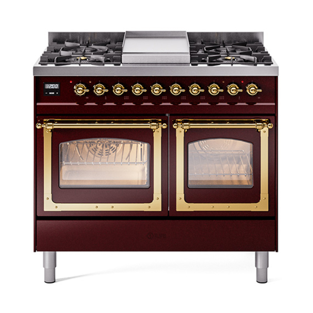 ILVE UND40FNMPBUGLP Nostalgie II Noblesse 40" Dual Fuel Range (Liquid Propane, Triple Glass Door, Burgundy, Brass)