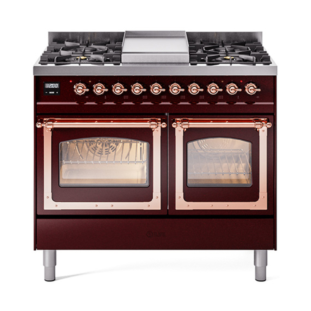 ILVE UND40FNMPBUPLP Nostalgie II Noblesse 40" Dual Fuel Range (Liquid Propane, Triple Glass Door, Burgundy, Copper)