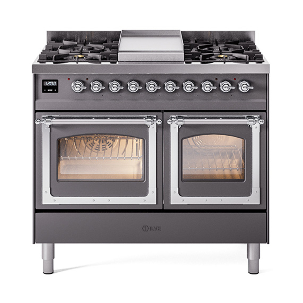 ILVE UND40FNMPMGCLP Nostalgie II Noblesse 40" Dual Fuel Range (Liquid Propane, Triple Glass Door, Graphite Matte, Chrome)