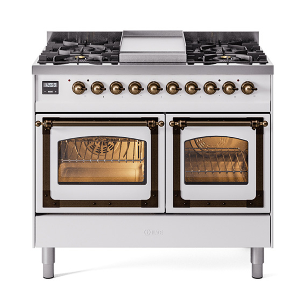 ILVE UND40FNMPWHBLP Nostalgie II Noblesse 40" Dual Fuel Range (Liquid Propane, Triple Glass Door, White, Burnished)