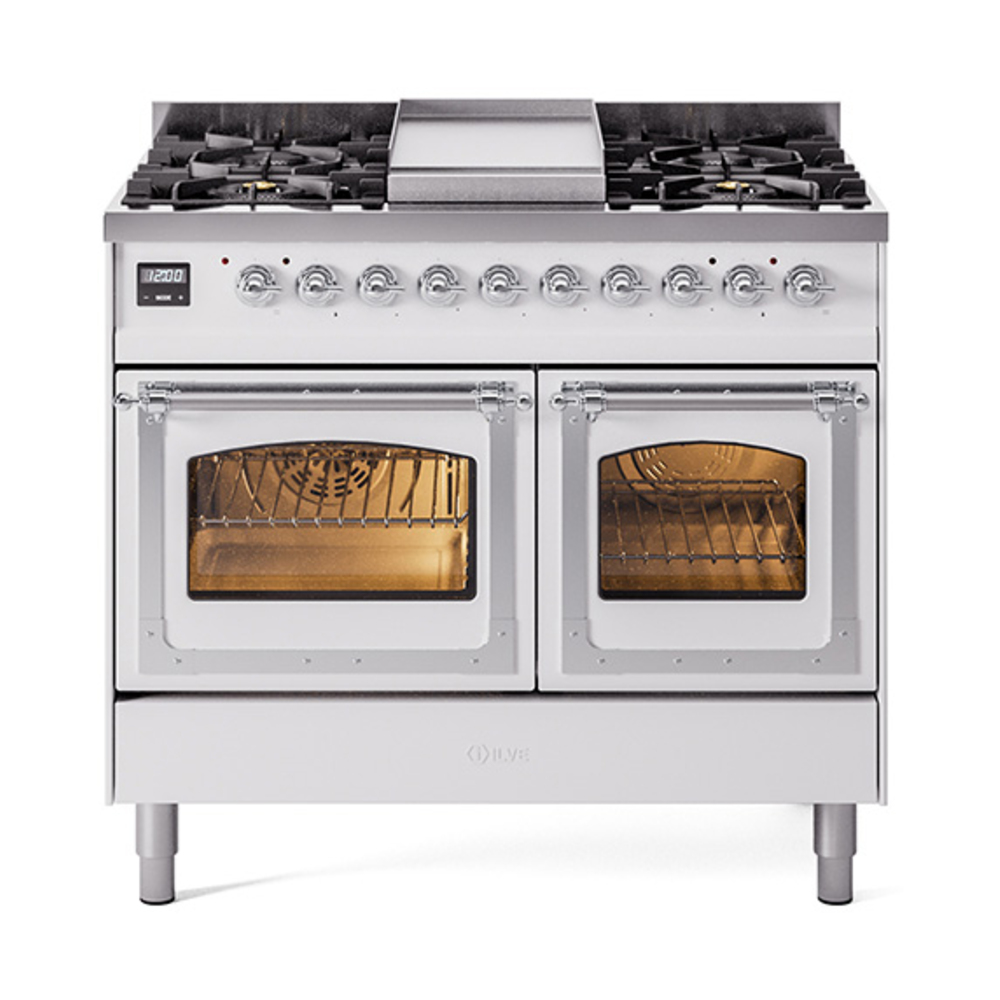 ILVE UND40FNMPWHCLP Nostalgie II Noblesse 40" Dual Fuel Range (Liquid Propane, Triple Glass Door, White, Chrome)