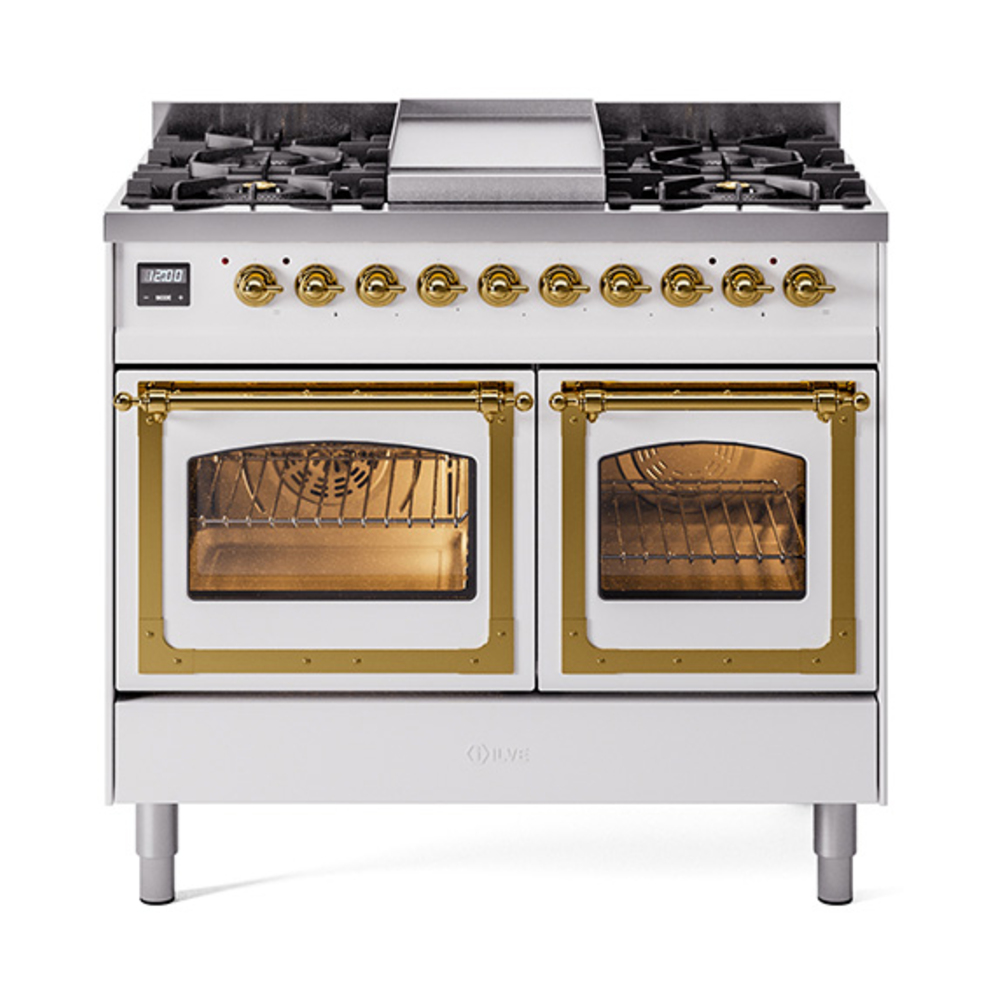 ILVE UND40FNMPWHGLP Nostalgie II Noblesse 40" Dual Fuel Range (Liquid Propane, Triple Glass Door, White, Brass)