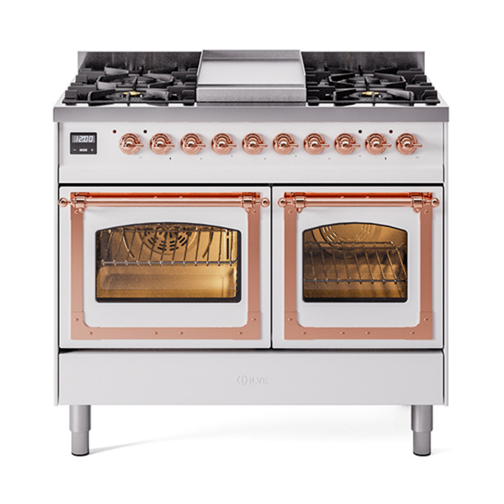 ILVE UND40FNMPWHPLP Nostalgie II Noblesse 40" Dual Fuel Range (Liquid Propane, Triple Glass Door, White, Copper)