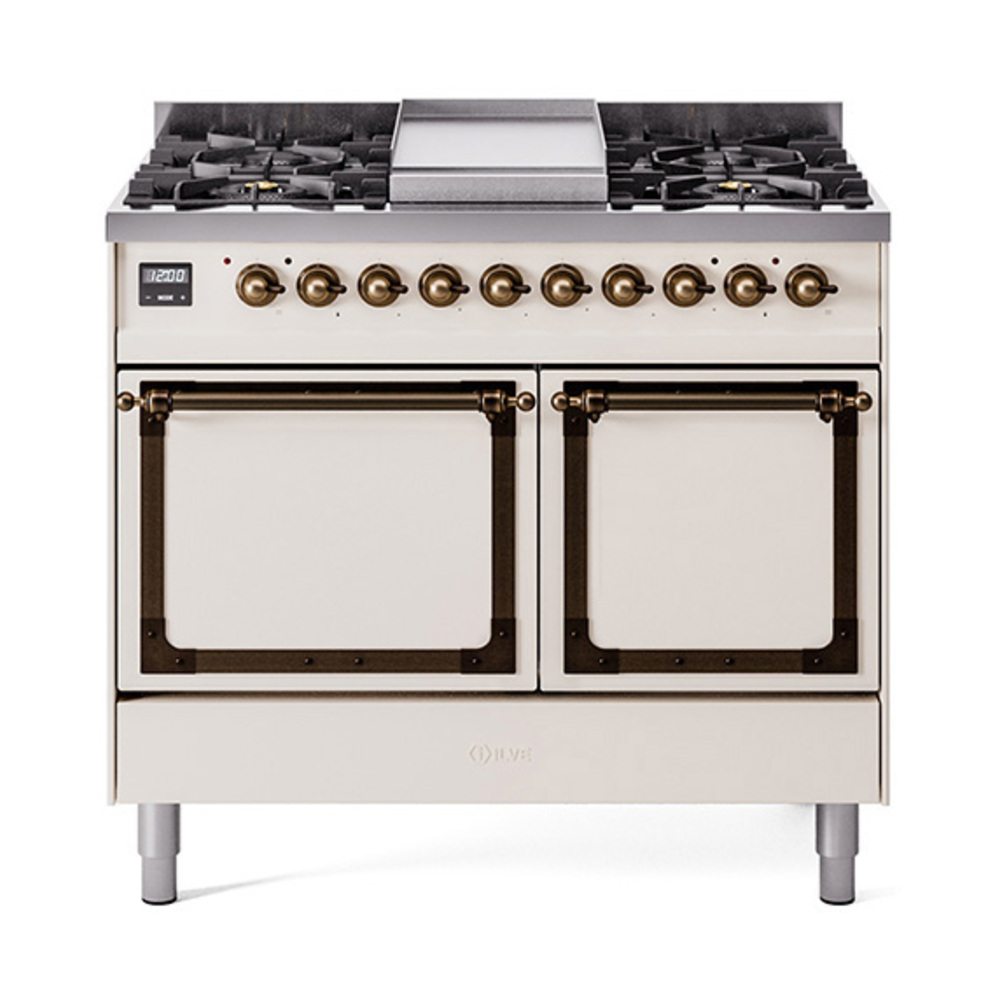 ILVE UND40FQNMPAWBLP Nostalgie II Noblesse 40" Dual Fuel Range (Liquid Propane, Solid Door, Antique White, Burnished)