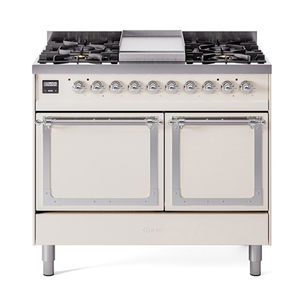 ILVE UND40FQNMPAWCLP Nostalgie II Noblesse 40" Dual Fuel Range (Liquid Propane, Solid Door, Antique White, Chrome)