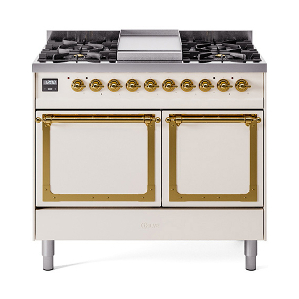 ILVE UND40FQNMPAWG Nostalgie II Noblesse 40" Dual Fuel Range (Natural Gas, Solid Door, Antique White, Brass)