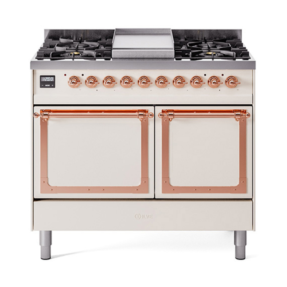 ILVE UND40FQNMPAWPLP Nostalgie II Noblesse 40" Dual Fuel Range (Liquid Propane, Solid Door, Antique White, Copper)