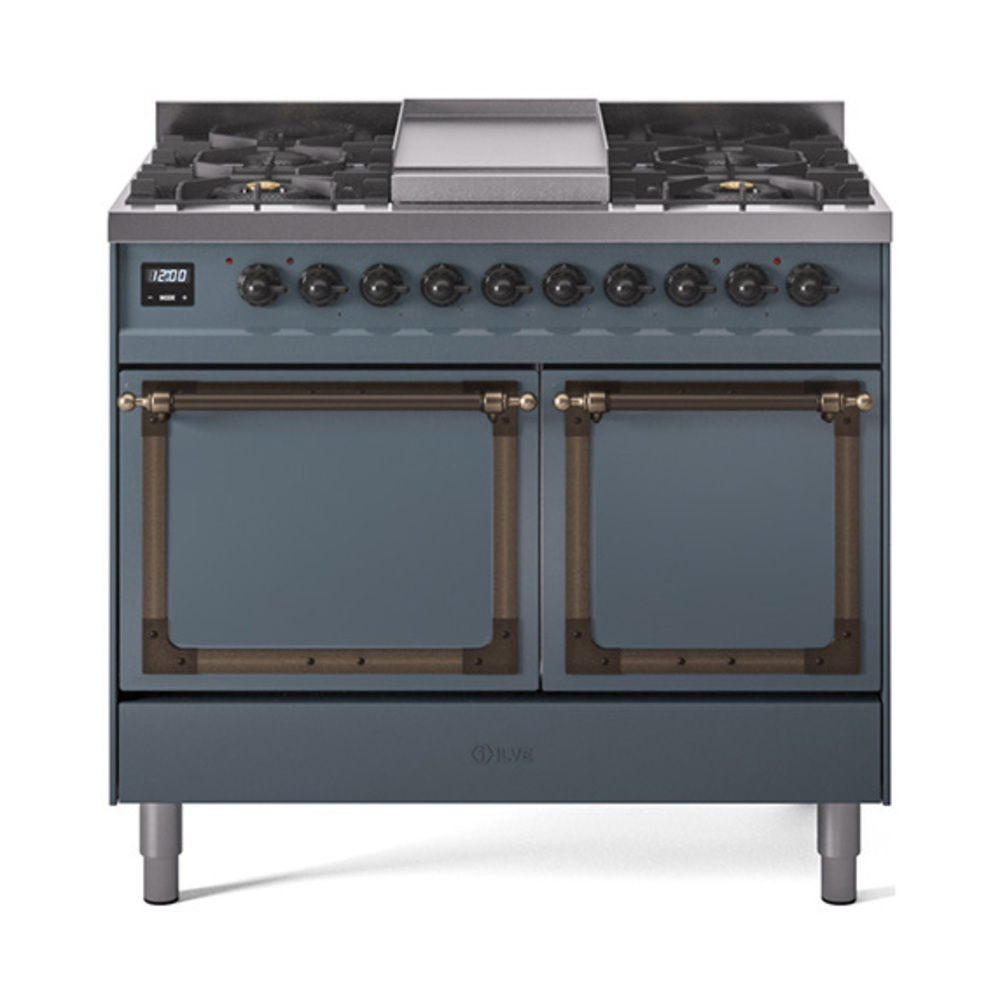 ILVE UND40FQNMPBGBLP Nostalgie II Noblesse 40" Dual Fuel Range (Liquid Propane, Solid Door, Blue Grey, Burnished)