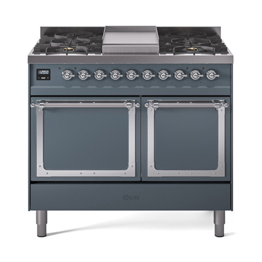 ILVE UND40FQNMPBGCLP Nostalgie II Noblesse 40" Dual Fuel Range (Liquid Propane, Solid Door, Blue Grey, Chrome)