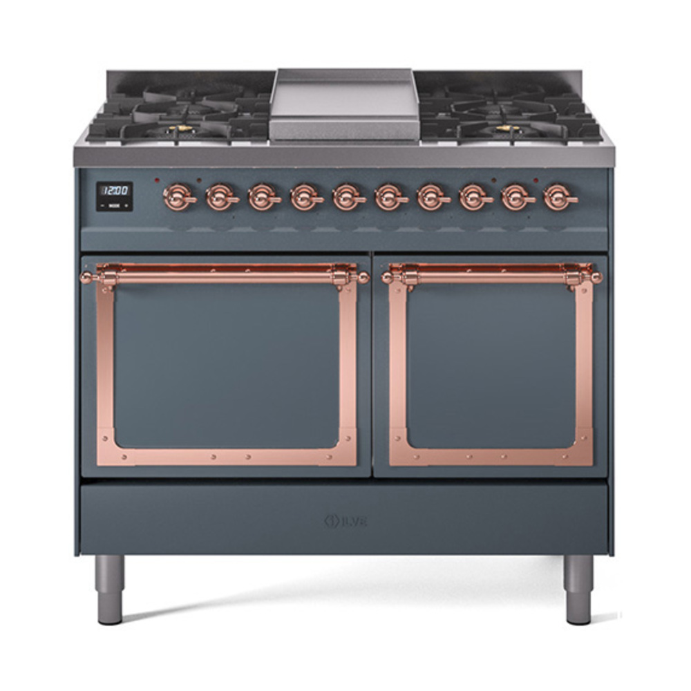 ILVE UND40FQNMPBGPLP Nostalgie II Noblesse 40" Dual Fuel Range (Liquid Propane, Solid Door, Blue Grey, Copper)