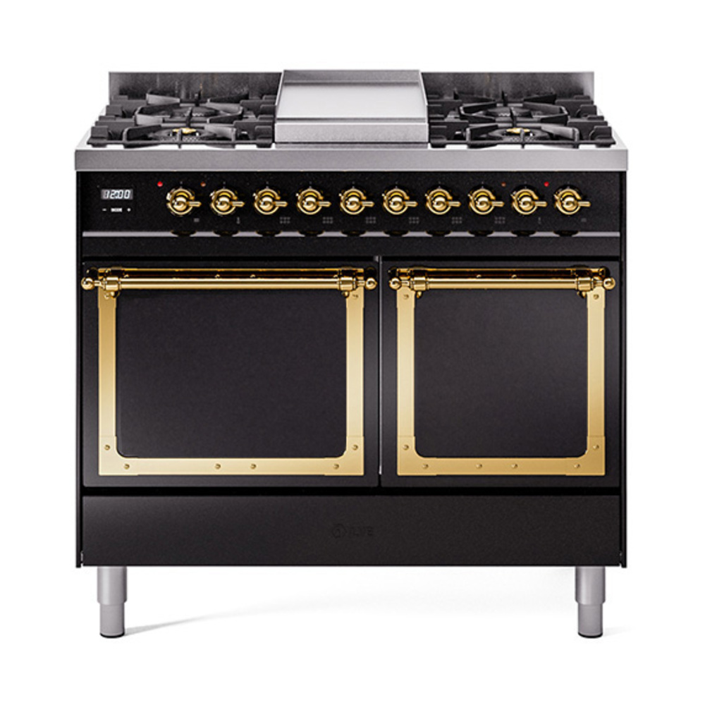 ILVE UND40FQNMPBKGLP Nostalgie II Noblesse 40" Dual Fuel Range (Liquid Propane, Solid Door, Glossy Black, Brass)