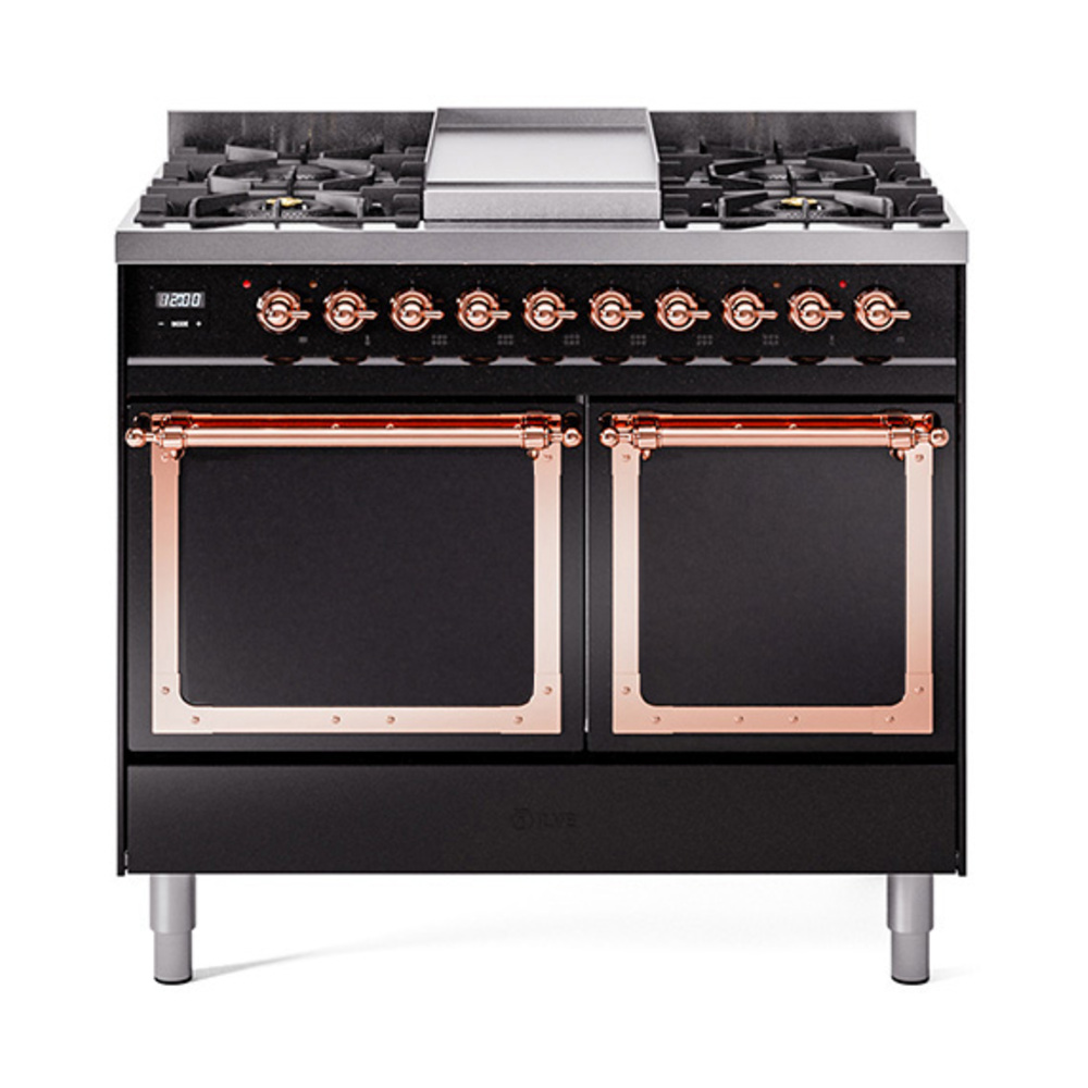 ILVE UND40FQNMPBKPLP Nostalgie II Noblesse 40" Dual Fuel Range (Liquid Propane, Solid Door, Glossy Black, Copper)