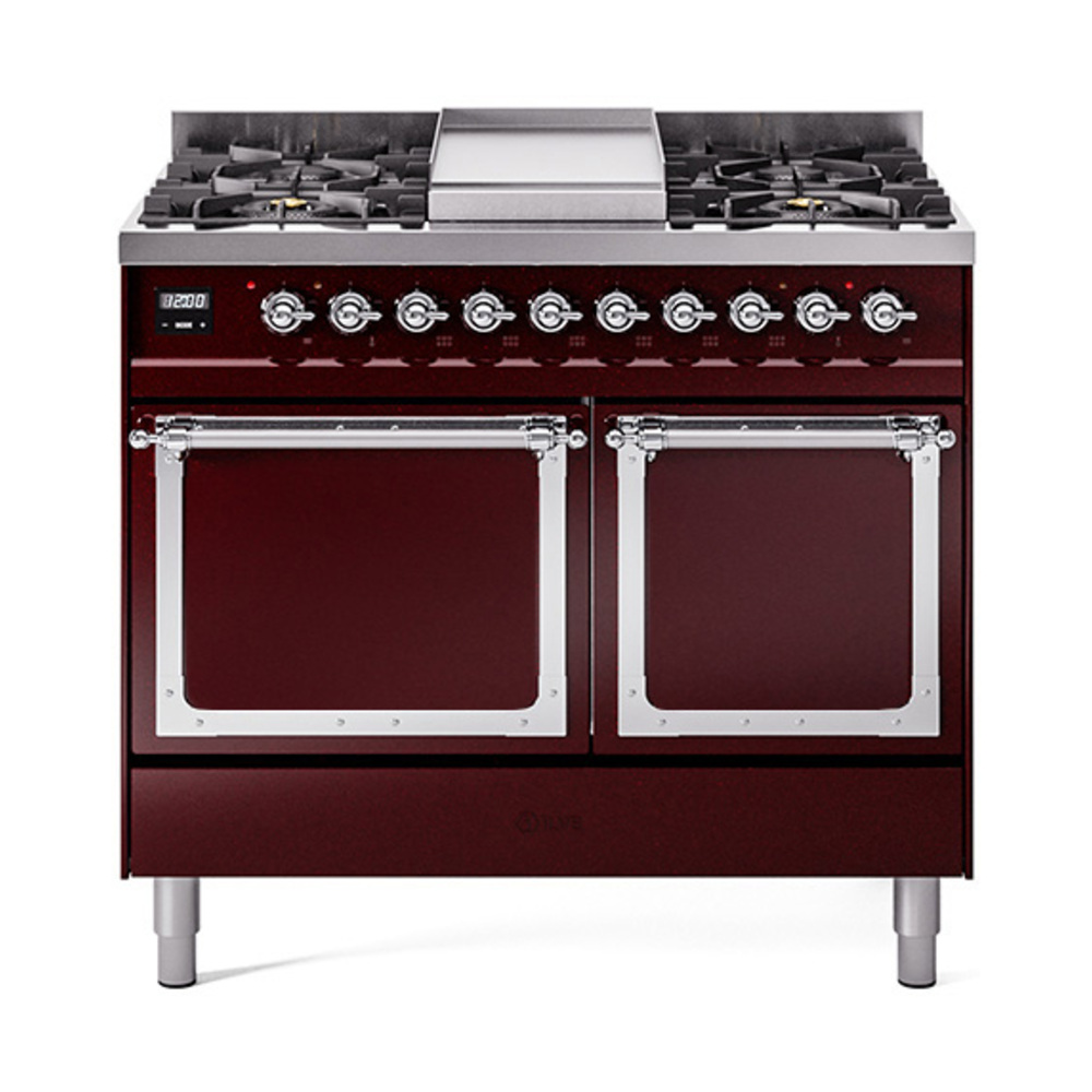 ILVE UND40FQNMPBUCLP Nostalgie II Noblesse 40" Dual Fuel Range (Liquid Propane, Solid Door, Burgundy, Chrome)