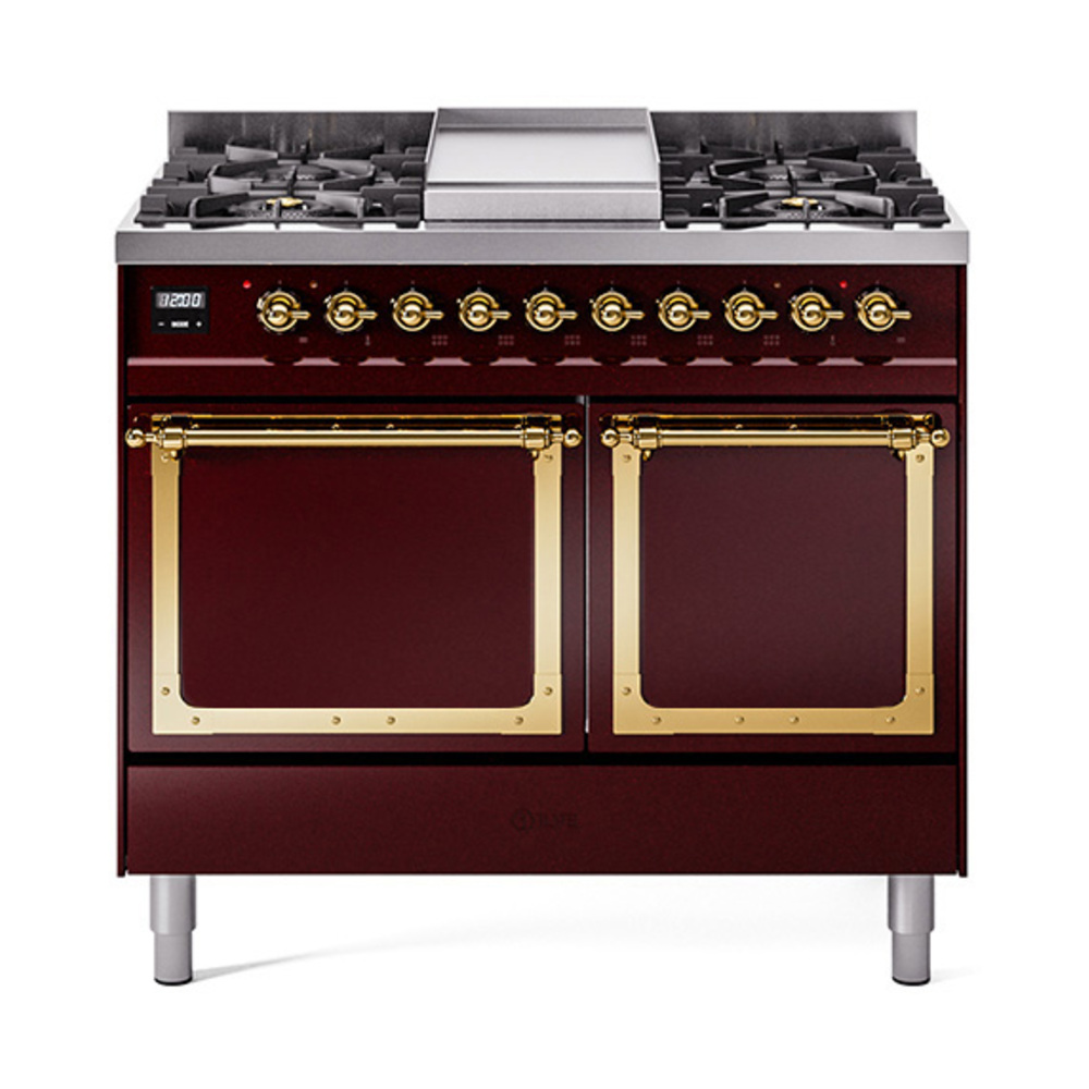 ILVE UND40FQNMPBUGLP Nostalgie II Noblesse 40" Dual Fuel Range (Liquid Propane, Solid Door, Burgundy, Brass)