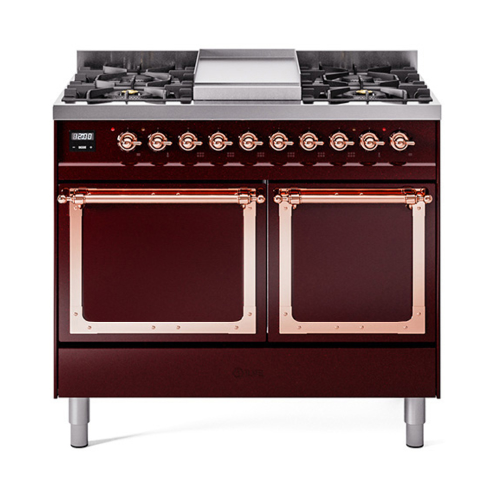 ILVE UND40FQNMPBUPLP Nostalgie II Noblesse 40" Dual Fuel Range (Liquid Propane, Solid Door, Burgundy, Copper)