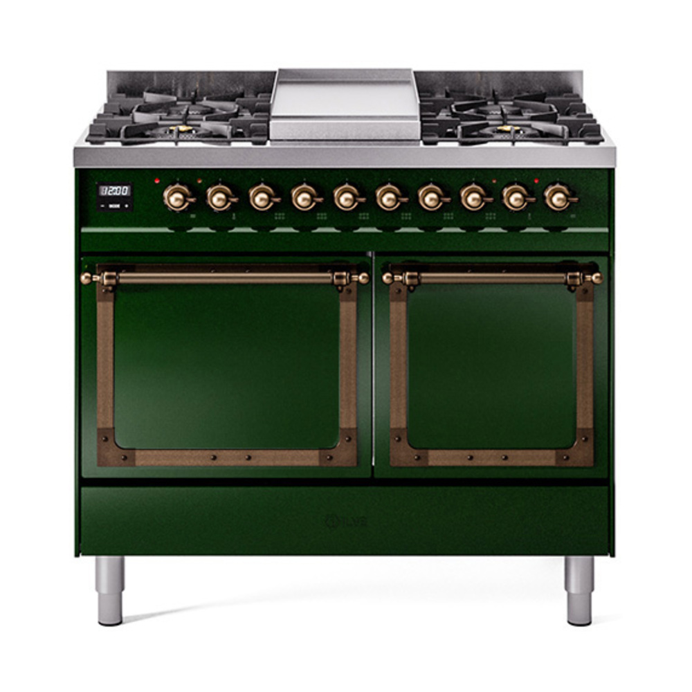 ILVE UND40FQNMPEGBLP Nostalgie II Noblesse 40" Dual Fuel Range (Liquid Propane, Solid Door, Emerald Green, Burnished)