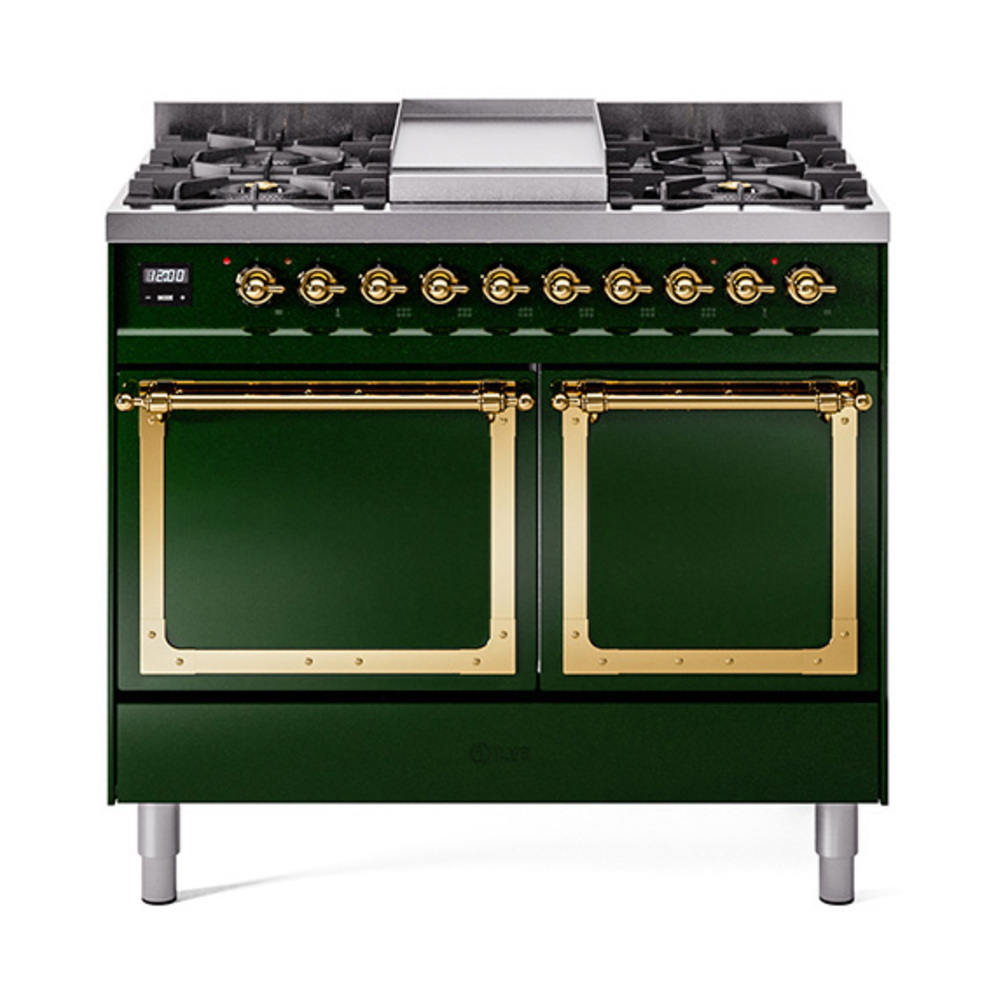 ILVE UND40FQNMPEGG Nostalgie II Noblesse 40" Dual Fuel Range (Natural Gas, Solid Door, Emerald Green, Brass)