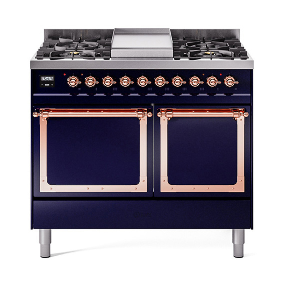 ILVE UND40FQNMPMBPLP Nostalgie II Noblesse 40" Dual Fuel Range (Liquid Propane, Solid Door, Midnight Blue, Copper)