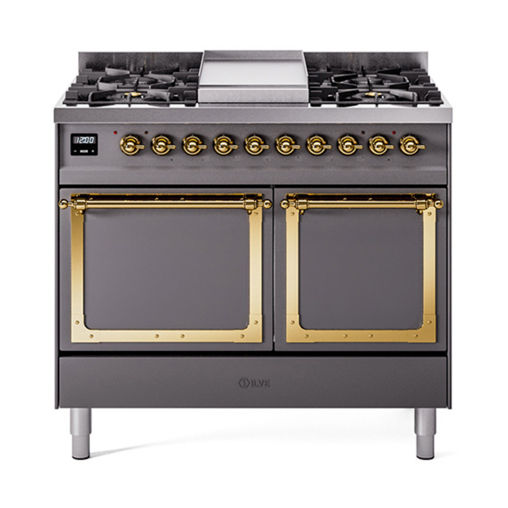 ILVE UND40FQNMPMGGLP Nostalgie II Noblesse 40" Dual Fuel Range (Liquid Propane, Solid Door, Graphite Matte, Brass)