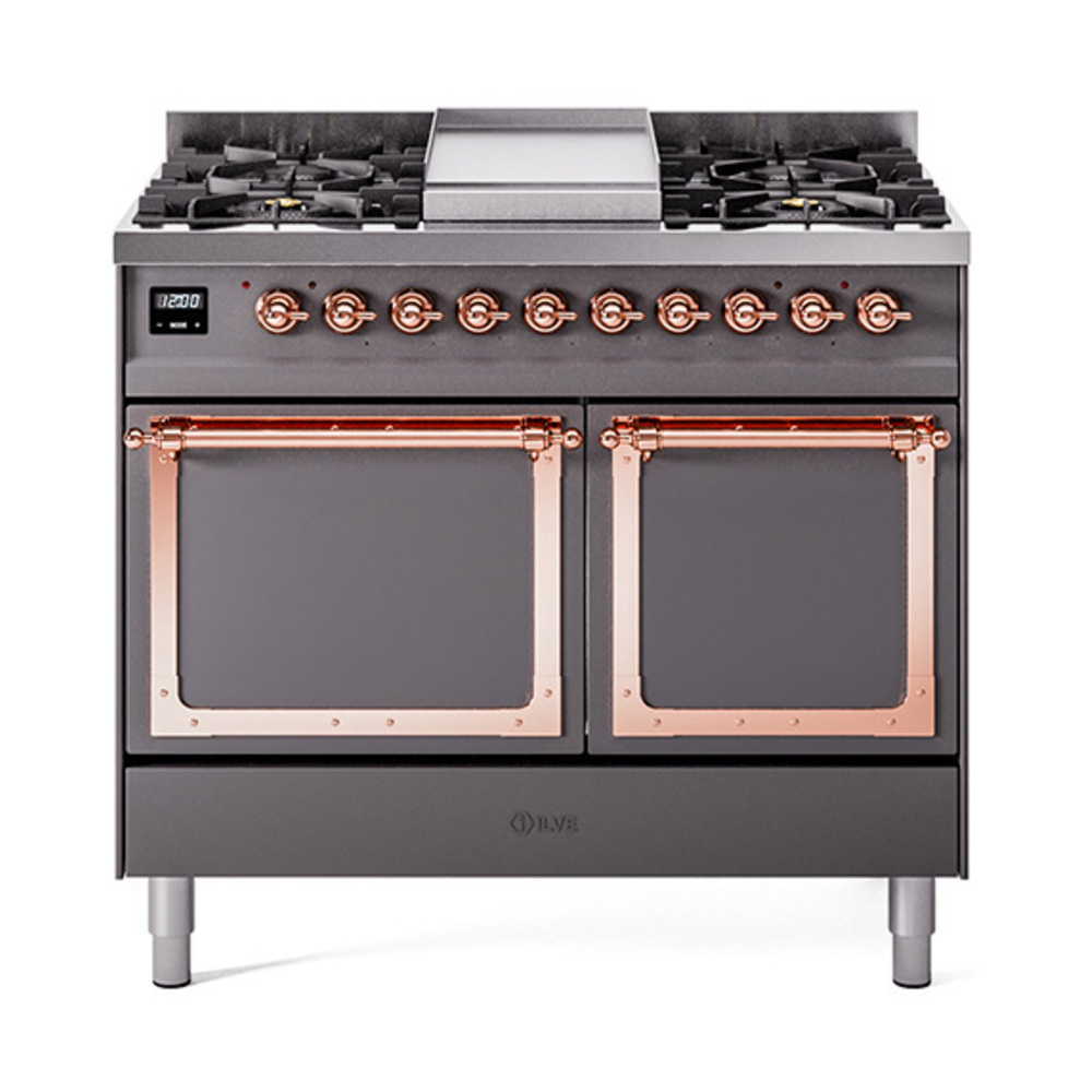 ILVE UND40FQNMPMGPLP Nostalgie II Noblesse 40" Dual Fuel Range (Liquid Propane, Solid Door, Graphite Matte, Copper)