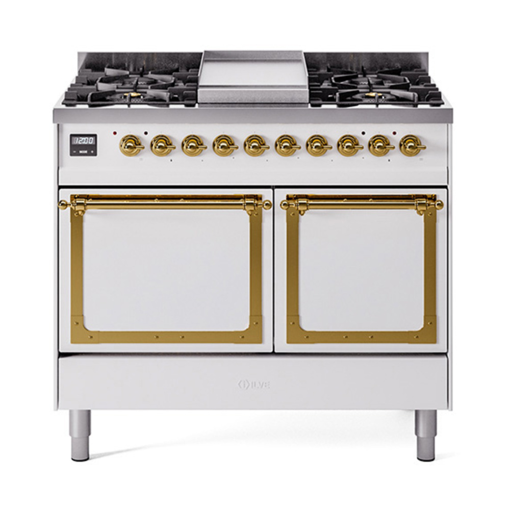 ILVE UND40FQNMPWHGLP Nostalgie II Noblesse 40" Dual Fuel Range (Liquid Propane, Solid Door, White, Brass)