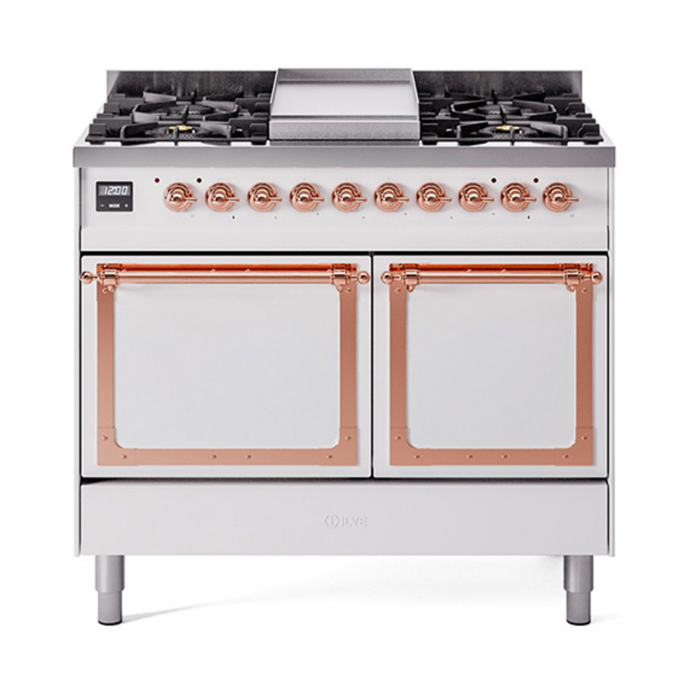 ILVE UND40FQNMPWHPLP Nostalgie II Noblesse 40" Dual Fuel Range (Liquid Propane, Solid Door, White, Copper)