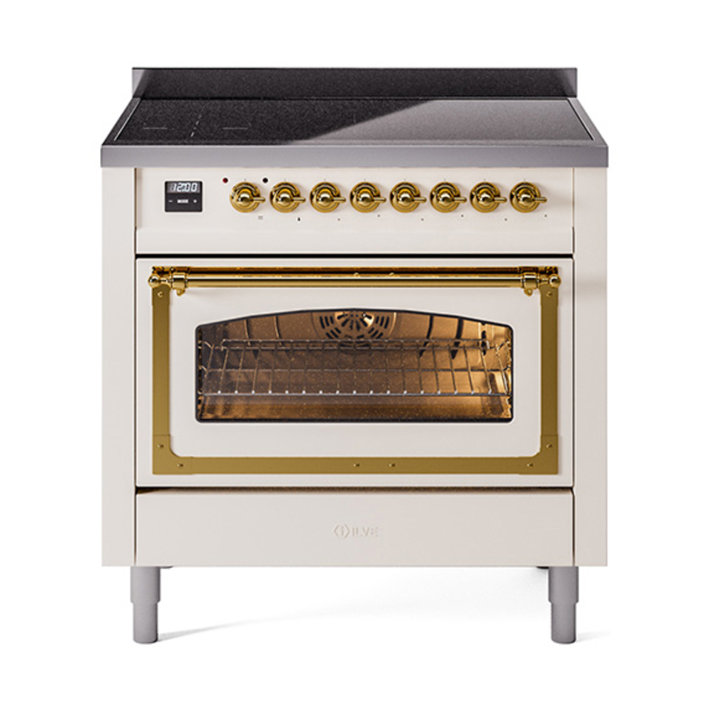 ILVE UNI366NMPAWG Nostalgie II Noblesse 36" Induction Range   (Triple Glass Door, Antique White, Brass)