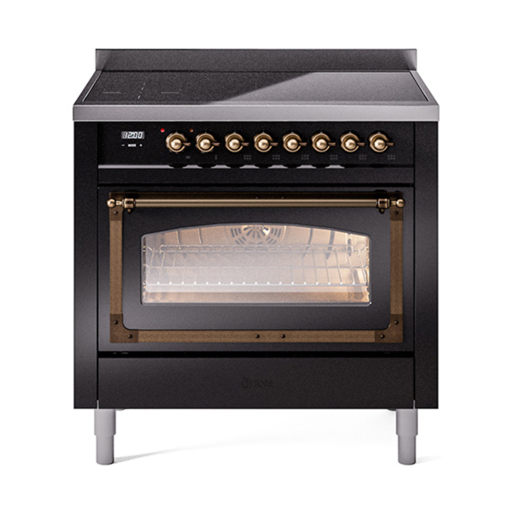 ILVE UNI366NMPBKB Nostalgie II Noblesse 36" Induction Range   (Triple Glass Door, Glossy Black, Bronze)