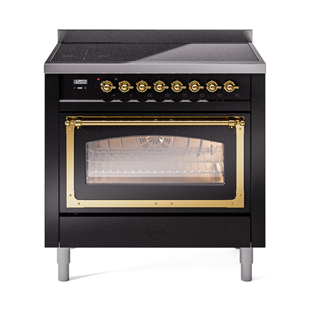 ILVE UNI366NMPBKG Nostalgie II Noblesse 36" Induction Range   (Triple Glass Door, Glossy Black, Brass)