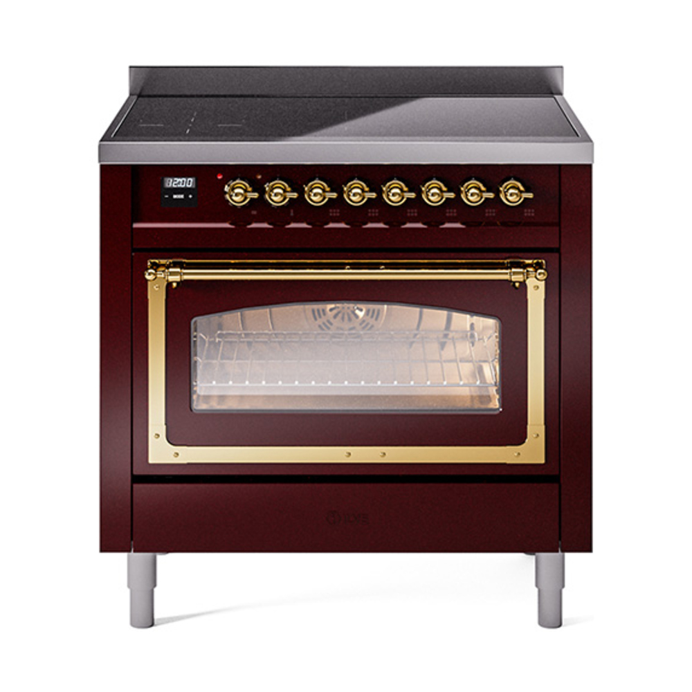 ILVE UNI366NMPBUG Nostalgie II Noblesse 36" Induction Range   (Triple Glass Door, Burgundy, Brass)