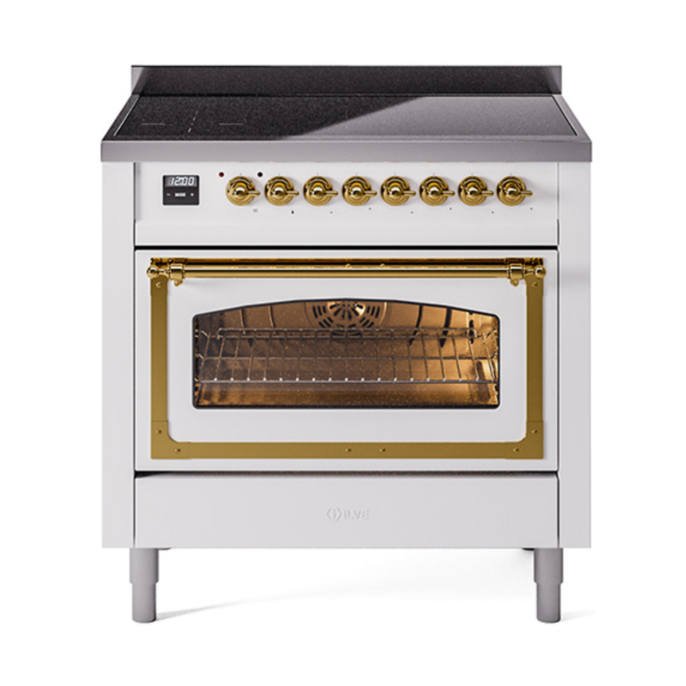 ILVE UNI366NMPWHG Nostalgie II Noblesse 36" Induction Range   (Triple Glass Door, White, Brass)