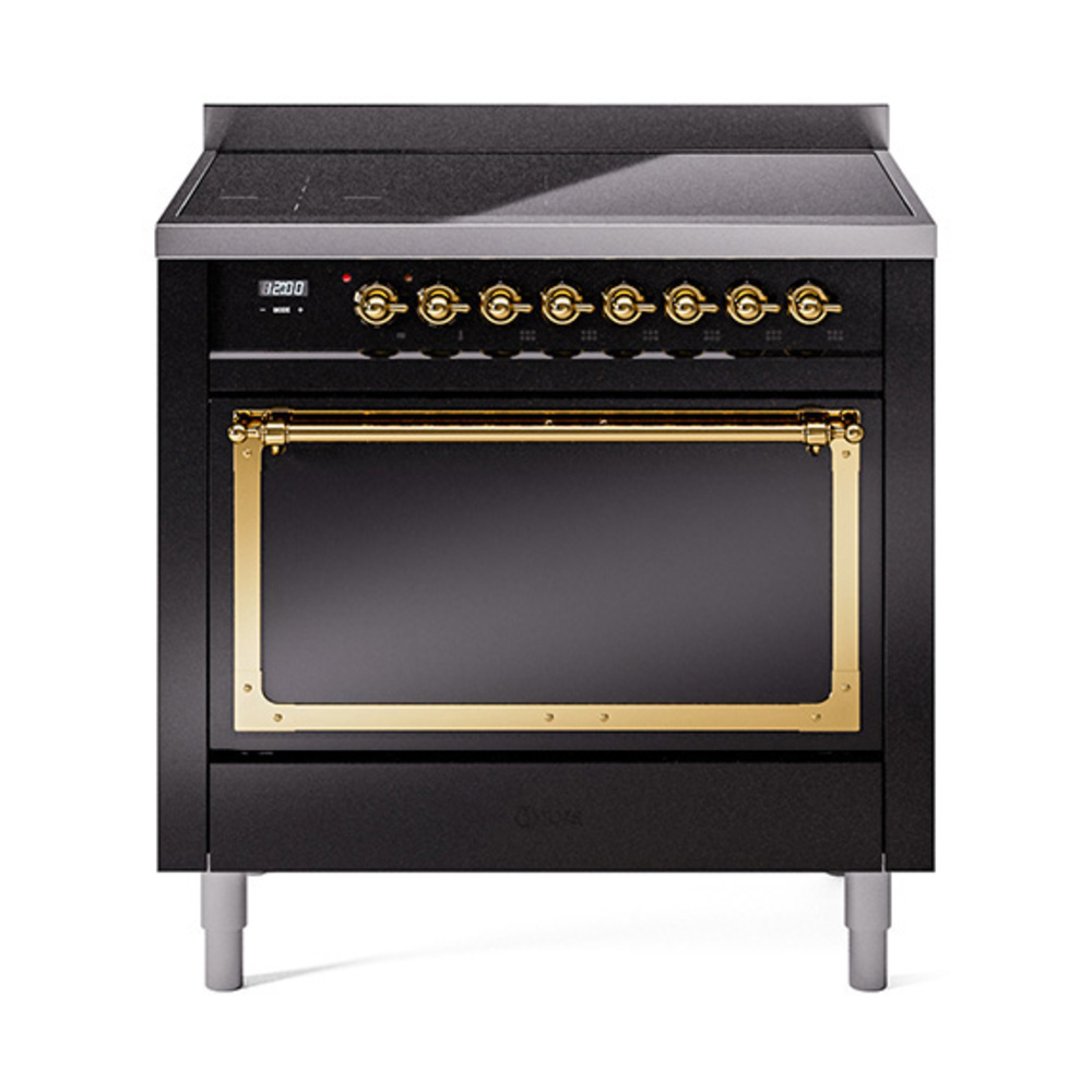 ILVE UNI366QNMPBKG Nostalgie II Noblesse 36" Induction Range   (Solid Door, Glossy Black, Brass)