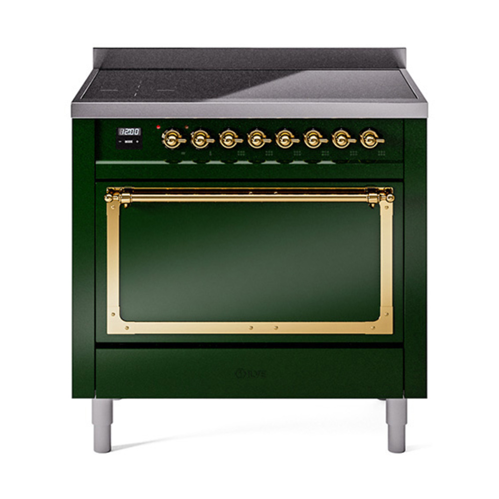 ILVE UNI366QNMPEGG Nostalgie II Noblesse 36" Induction Range   (Solid Door, Emerald Green, Brass)