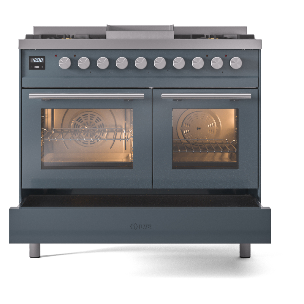 ILVE UPD40FWMPBGLP Professional Plus II 40" Dual Fuel Range, drawer opened