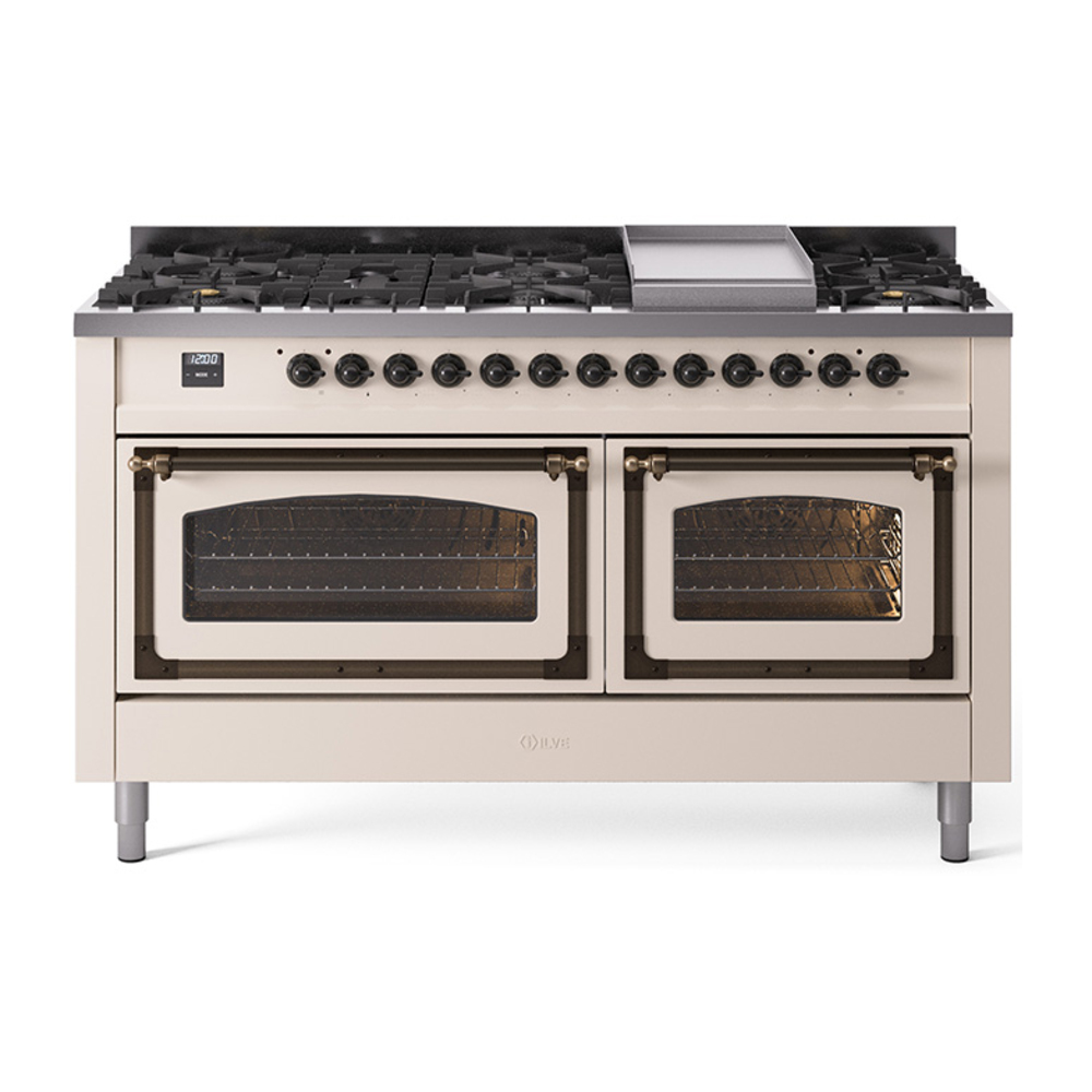 ILVE UN60FNMPAWBLP Nostalgie II Noblesse 60" Dual Fuel Range      (9 Sealed Burners + Griddle, Liquid Propane, Triple Glass Door, Antique White, Burnished)