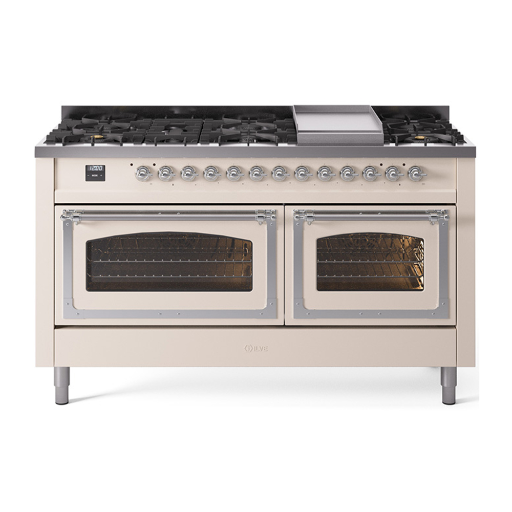 ILVE UN60FNMPAWCLP Nostalgie II Noblesse 60" Dual Fuel Range      (9 Sealed Burners + Griddle, Liquid Propane, Triple Glass Door, Antique White, Chrome)