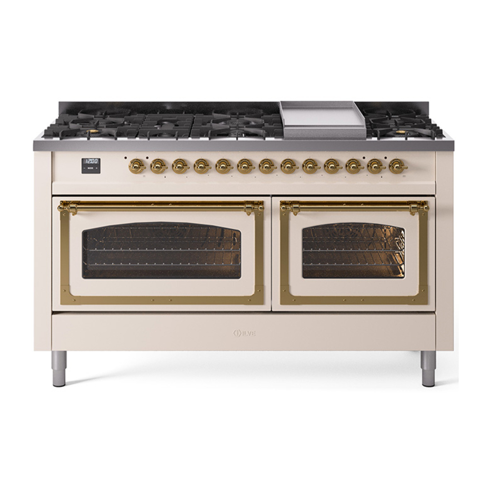 ILVE UN60FNMPAWG Nostalgie II Noblesse 60" Dual Fuel Range      (9 Sealed Burners + Griddle, Natural Gas, Triple Glass Door, Antique White, Brass)