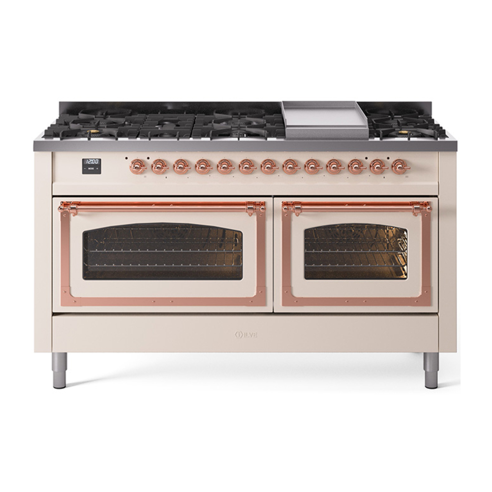 ILVE UN60FNMPAWPLP Nostalgie II Noblesse 60" Dual Fuel Range      (9 Sealed Burners + Griddle, Liquid Propane, Triple Glass Door, Antique White, Copper)