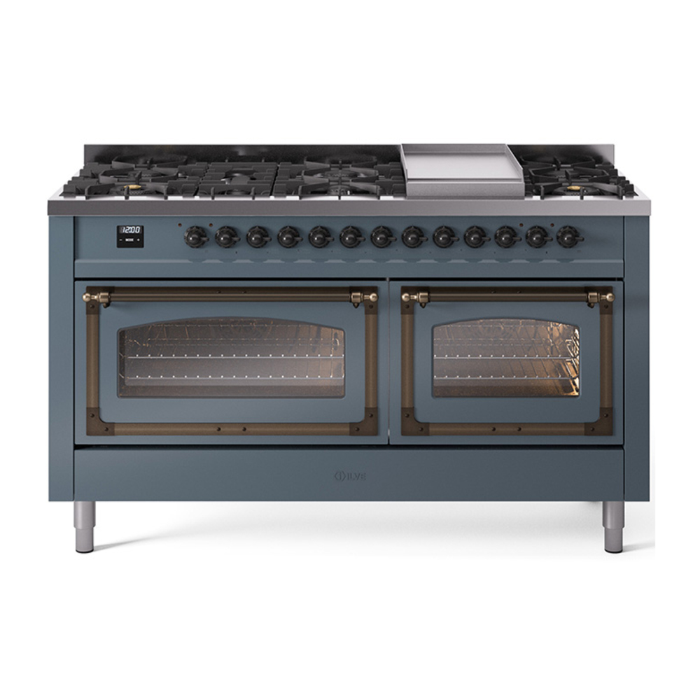 ILVE UN60FNMPBGBLP Nostalgie II Noblesse 60" Dual Fuel Range      (9 Sealed Burners + Griddle, Liquid Propane, Triple Glass Door, Blue Grey, Burnished)