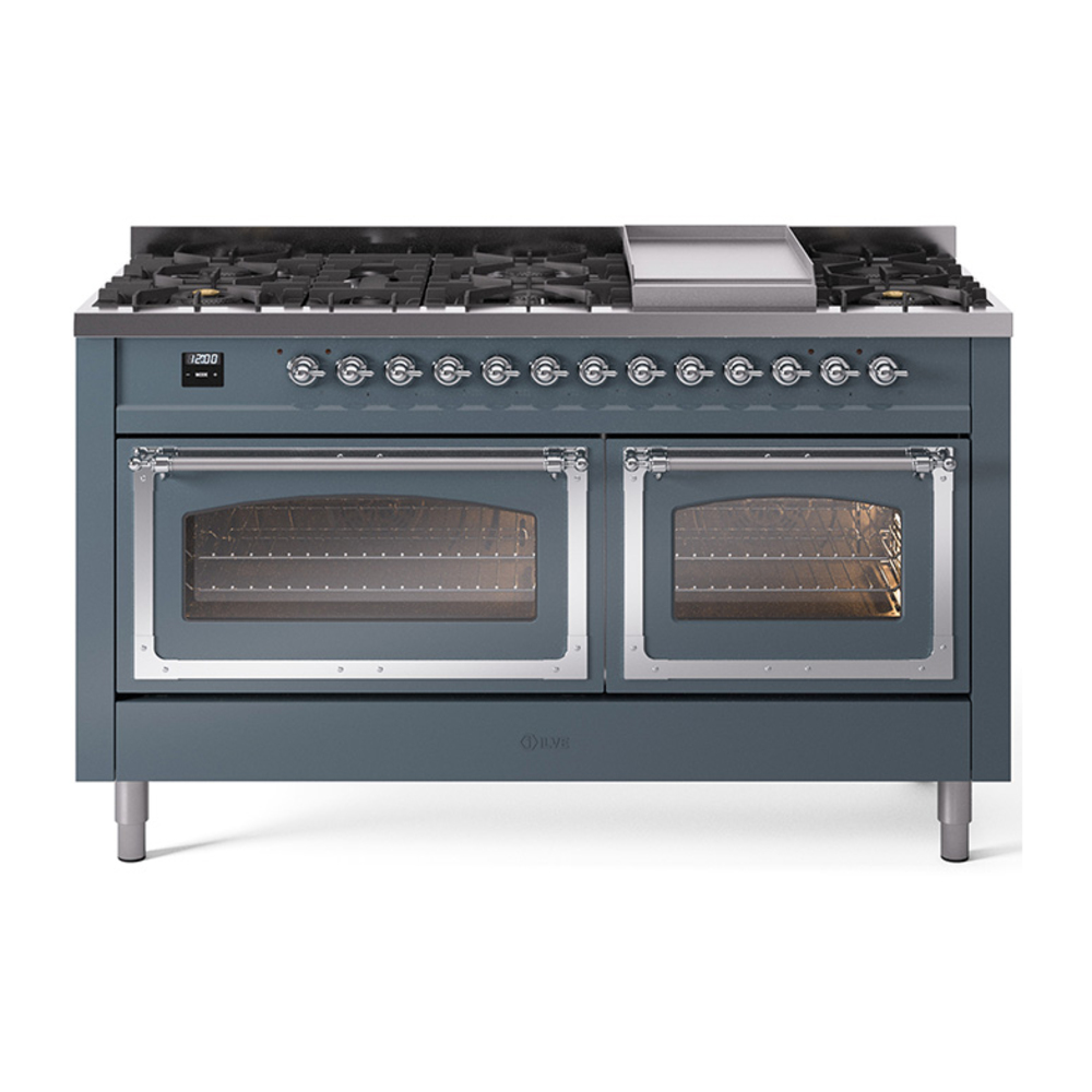 ILVE UN60FNMPBGCLP Nostalgie II Noblesse 60" Dual Fuel Range      (9 Sealed Burners + Griddle, Liquid Propane, Triple Glass Door, Blue Grey, Chrome)