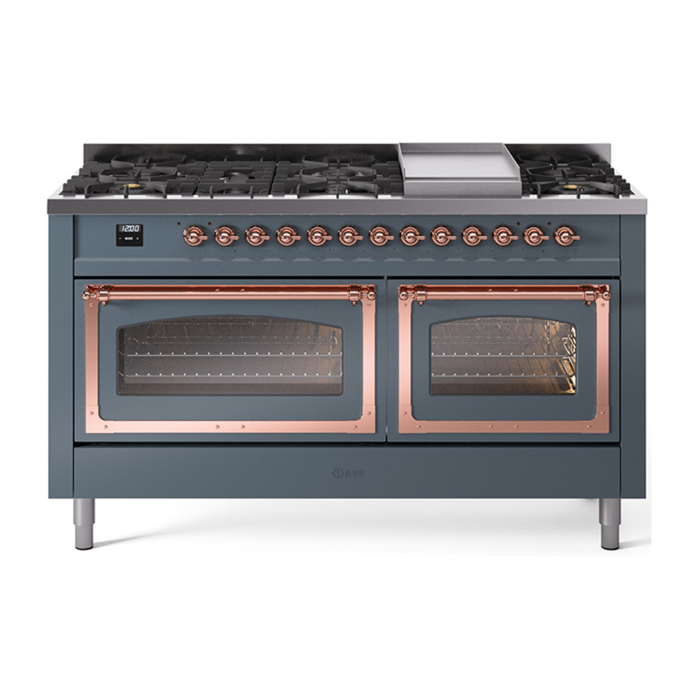 ILVE UN60FNMPBGPLP Nostalgie II Noblesse 60" Dual Fuel Range      (9 Sealed Burners + Griddle, Liquid Propane, Triple Glass Door, Blue Grey, Copper)