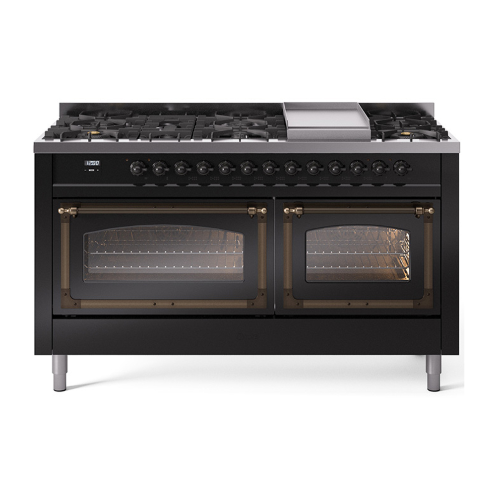 ILVE UN60FNMPBKBLP Nostalgie II Noblesse 60" Dual Fuel Range      (9 Sealed Burners + Griddle, Liquid Propane, Triple Glass Door, Glossy Black, Burnished)