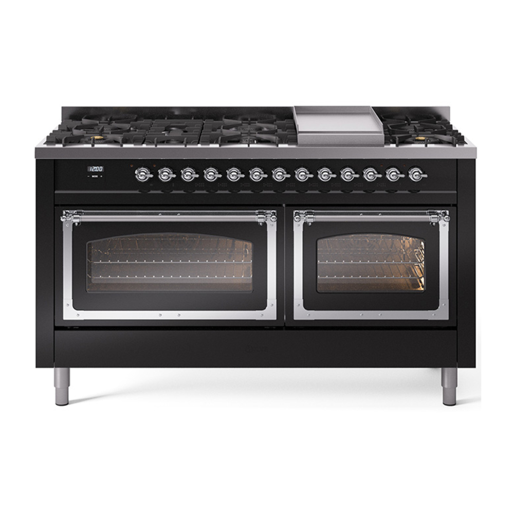 ILVE UN60FNMPBKC Nostalgie II Noblesse 60" Dual Fuel Range      (9 Sealed Burners + Griddle, Natural Gas, Triple Glass Door, Glossy Black, Chrome)