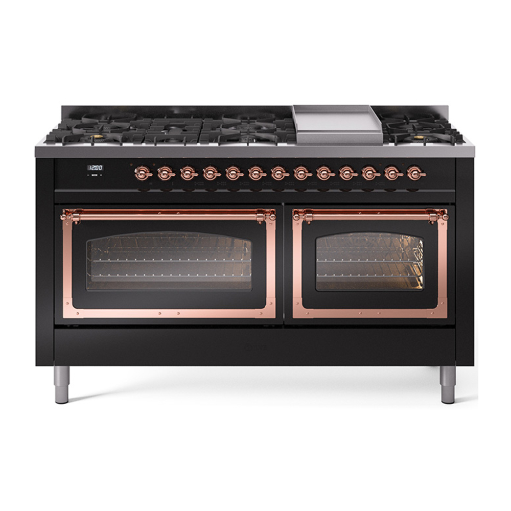 ILVE UN60FNMPBKPLP Nostalgie II Noblesse 60" Dual Fuel Range      (9 Sealed Burners + Griddle, Liquid Propane, Triple Glass Door, Glossy Black, Copper)