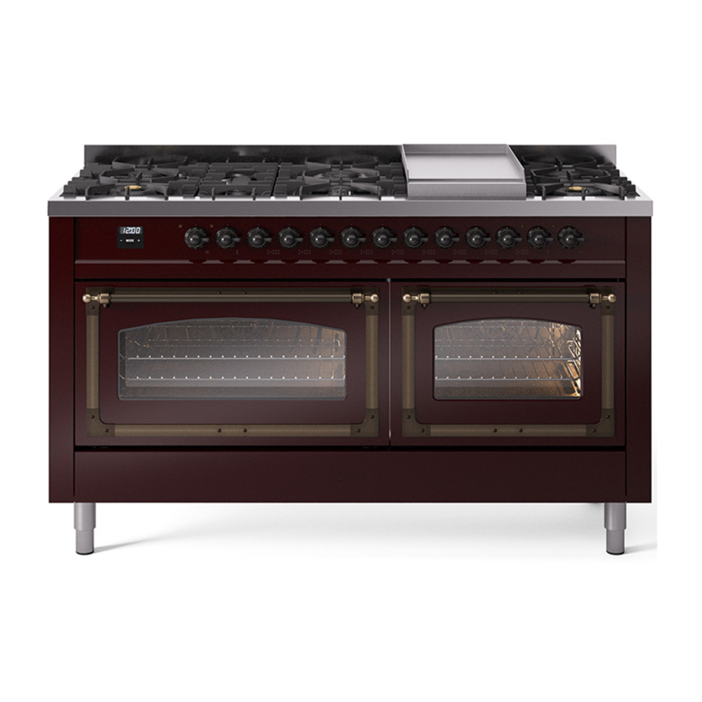 ILVE UN60FNMPBUBLP Nostalgie II Noblesse 60" Dual Fuel Range      (9 Sealed Burners + Griddle, Liquid Propane, Triple Glass Door, Burgundy, Bronze)